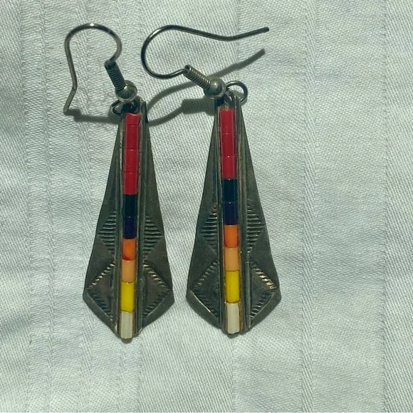 Native American earrings, signed AJ and stamped sterling - Picture 5 of 8